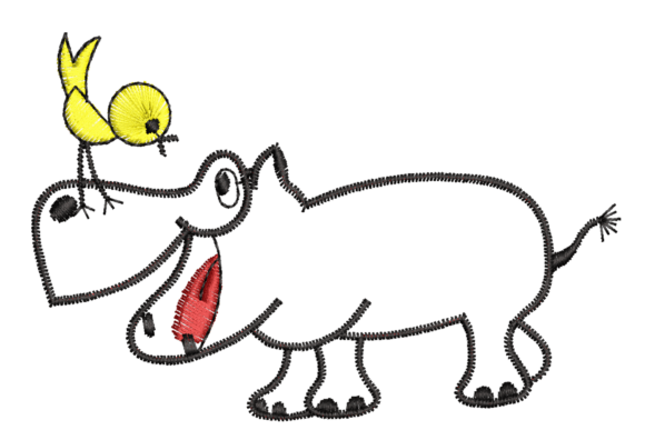 Cute Cartoon Hippo with Bird Embroidery
