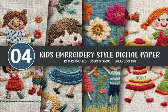 Kids Embroidery Style Digital Paper for Holiday Creations